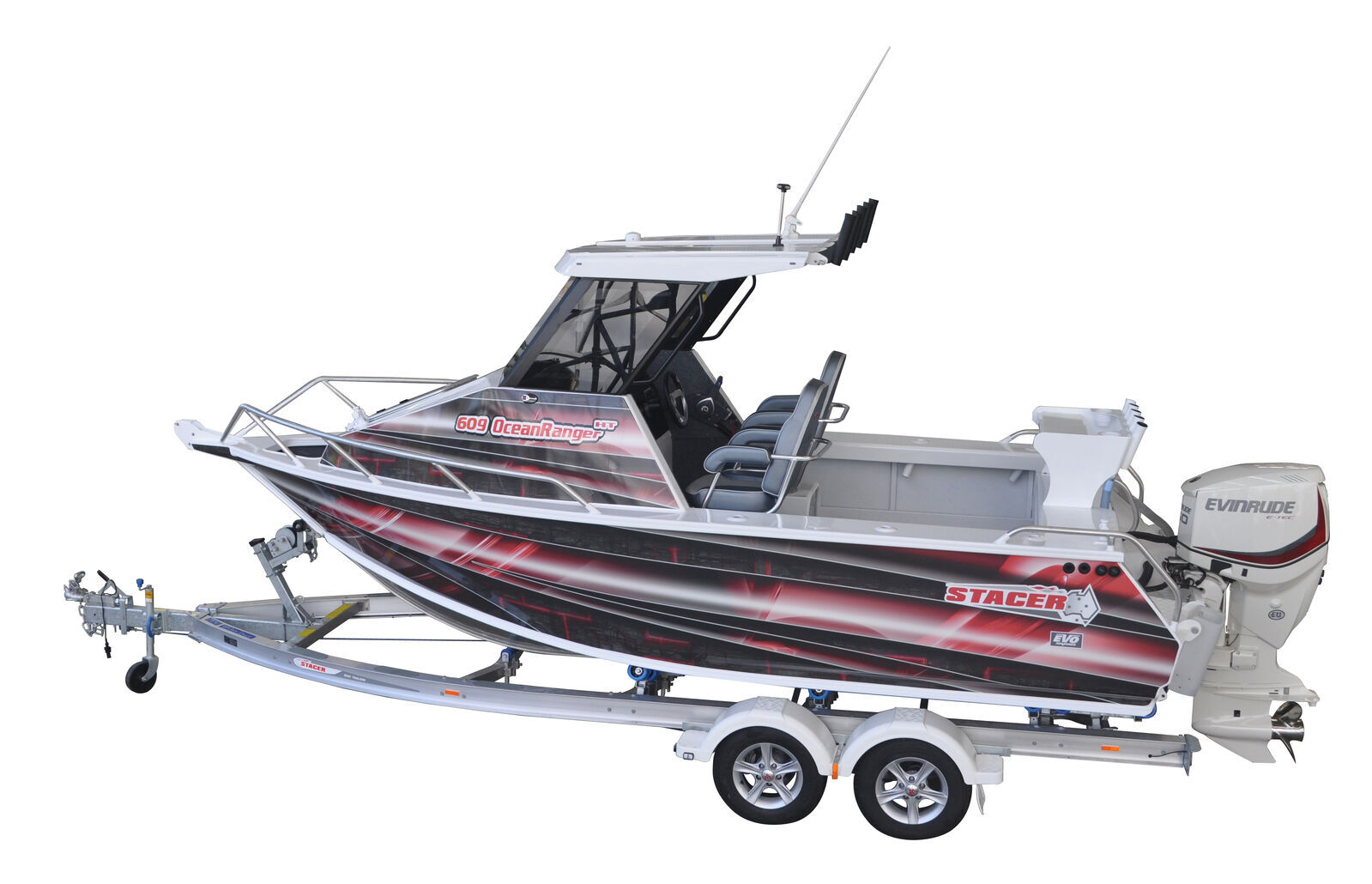 Stacer 609 Plate Ocean Ranger HT SDF XLS Boat + Move Trailers 2000 ATM Tandem Axle 13" Mech Braked Trailer