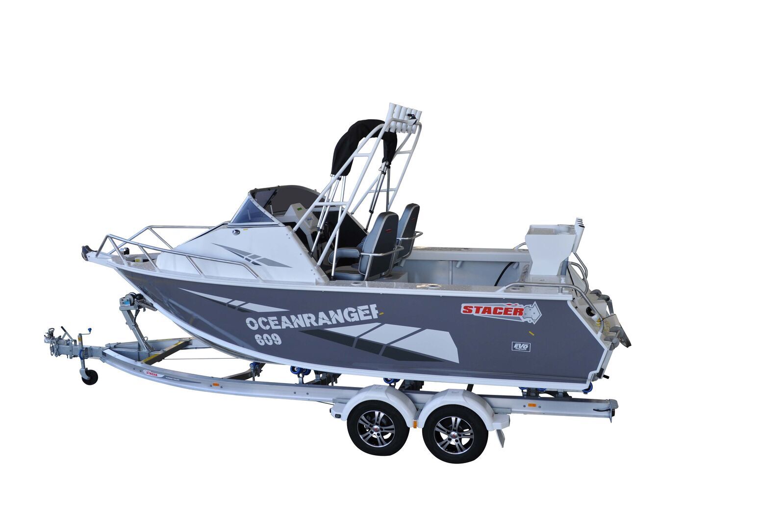 Stacer 609 Plate Ocean Ranger ST SDF XLS Boat + Move Trailers 2000 ATM Tandem Axle 13" Mech Braked Trailer
