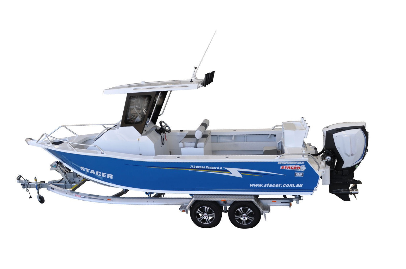 Stacer 759 Plate Ocean Ranger Centre Cabin HT SDF XLS Boat + Move Trailers 2750 ATM Tandem Axle 14" Hydraulic Braked Trailer