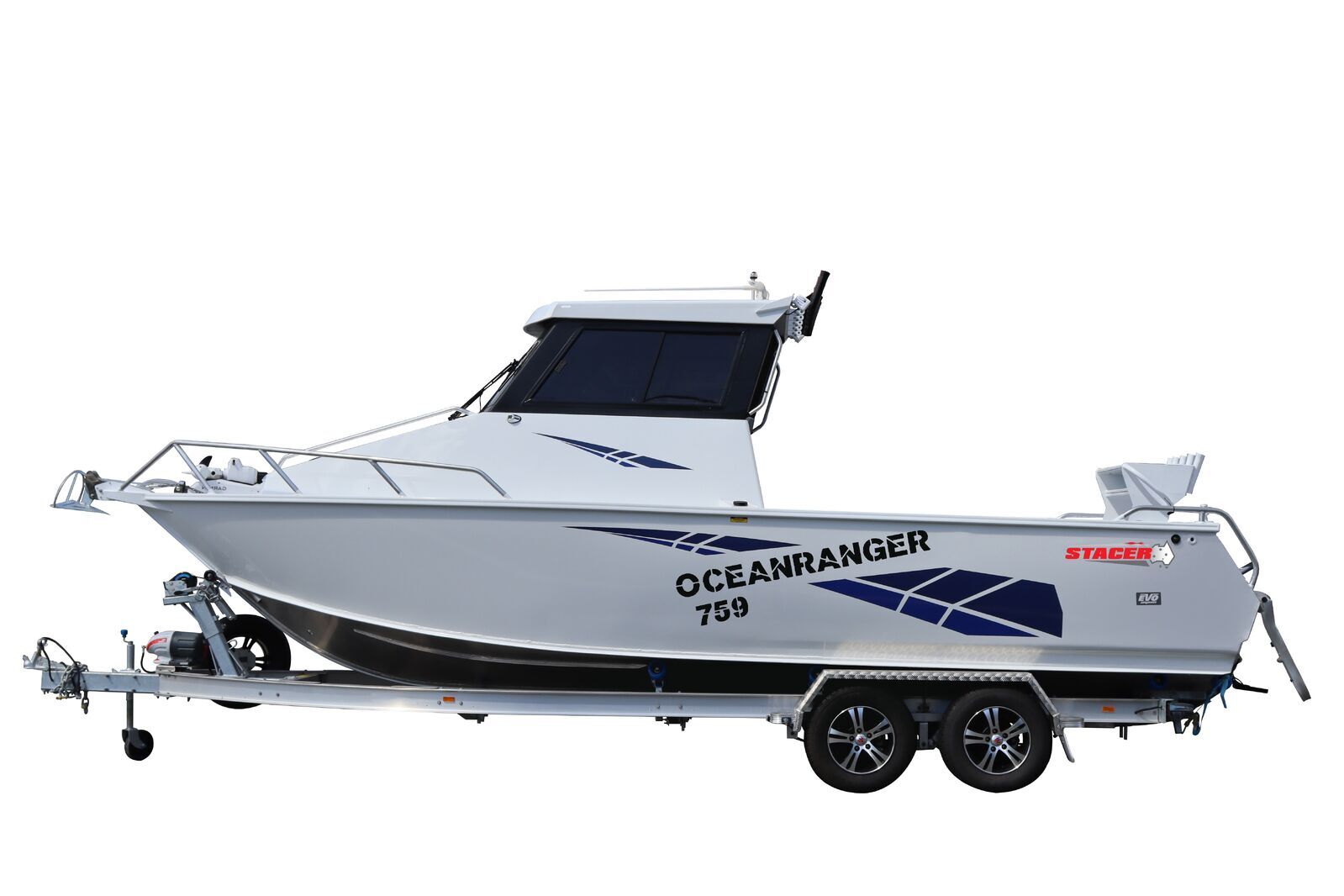 Stacer 759 Plate Ocean Ranger Expedition HT SDF XLS Boat + Move Trailers 2750 ATM Tandem Axle 14" Hydraulic Braked Trailer
