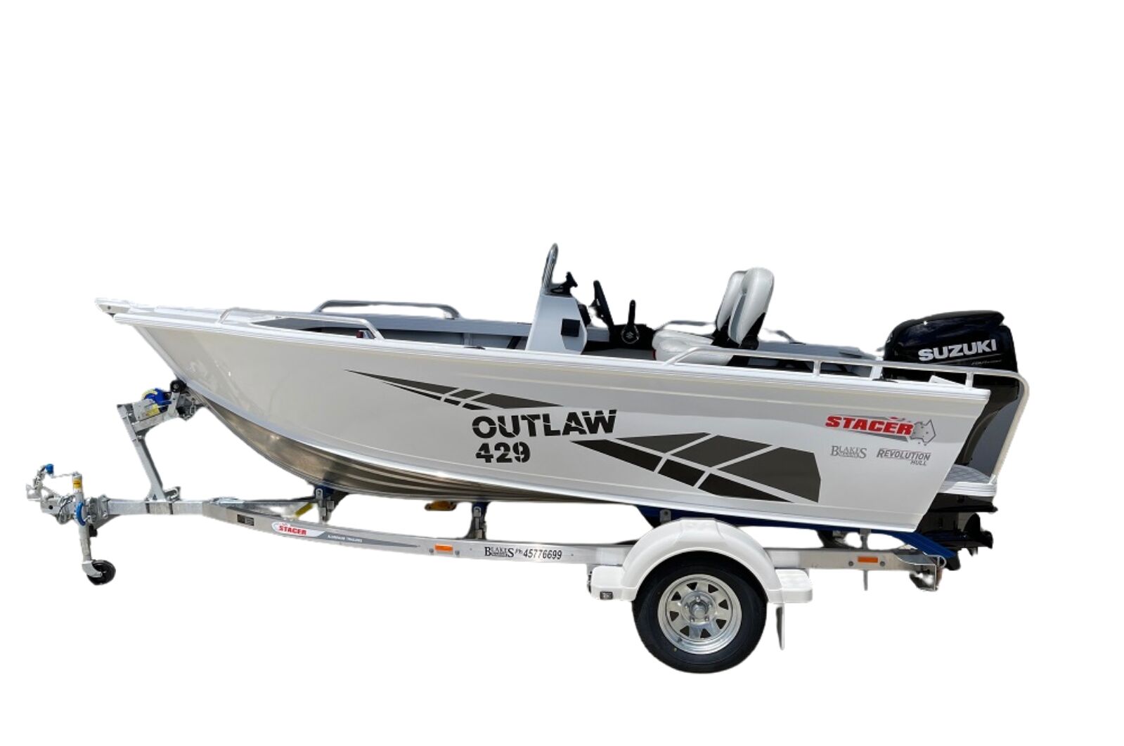 Stacer 429 Outlaw Side Console L/S Boat + Move Trailers 749 ATM Single Axle 13" Unbraked Trailer