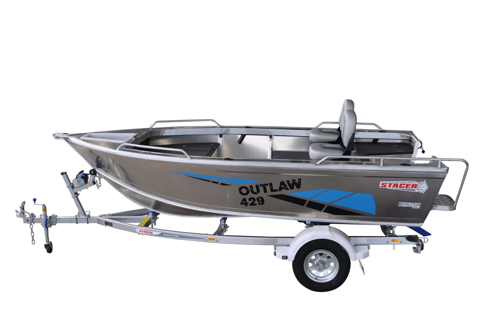 Stacer 429 Outlaw Tiller Steer L/S Boat + Move Trailers 749 ATM Single Axle 13" Unbraked Trailer