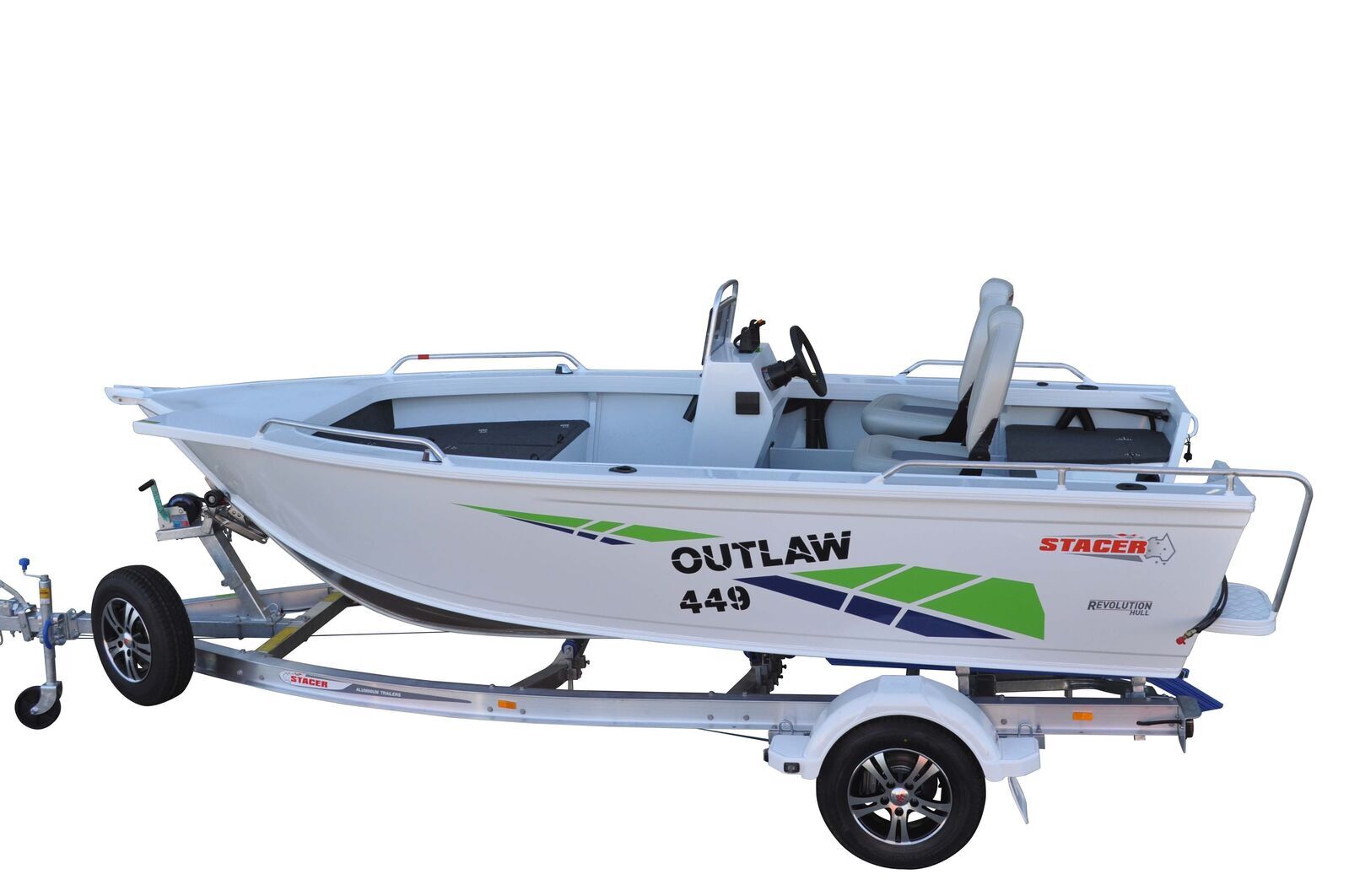 Stacer 449 Outlaw Side Console L/S Boat + Move Trailers 1100 ATM Single Axle 13" Mech Braked Trailer