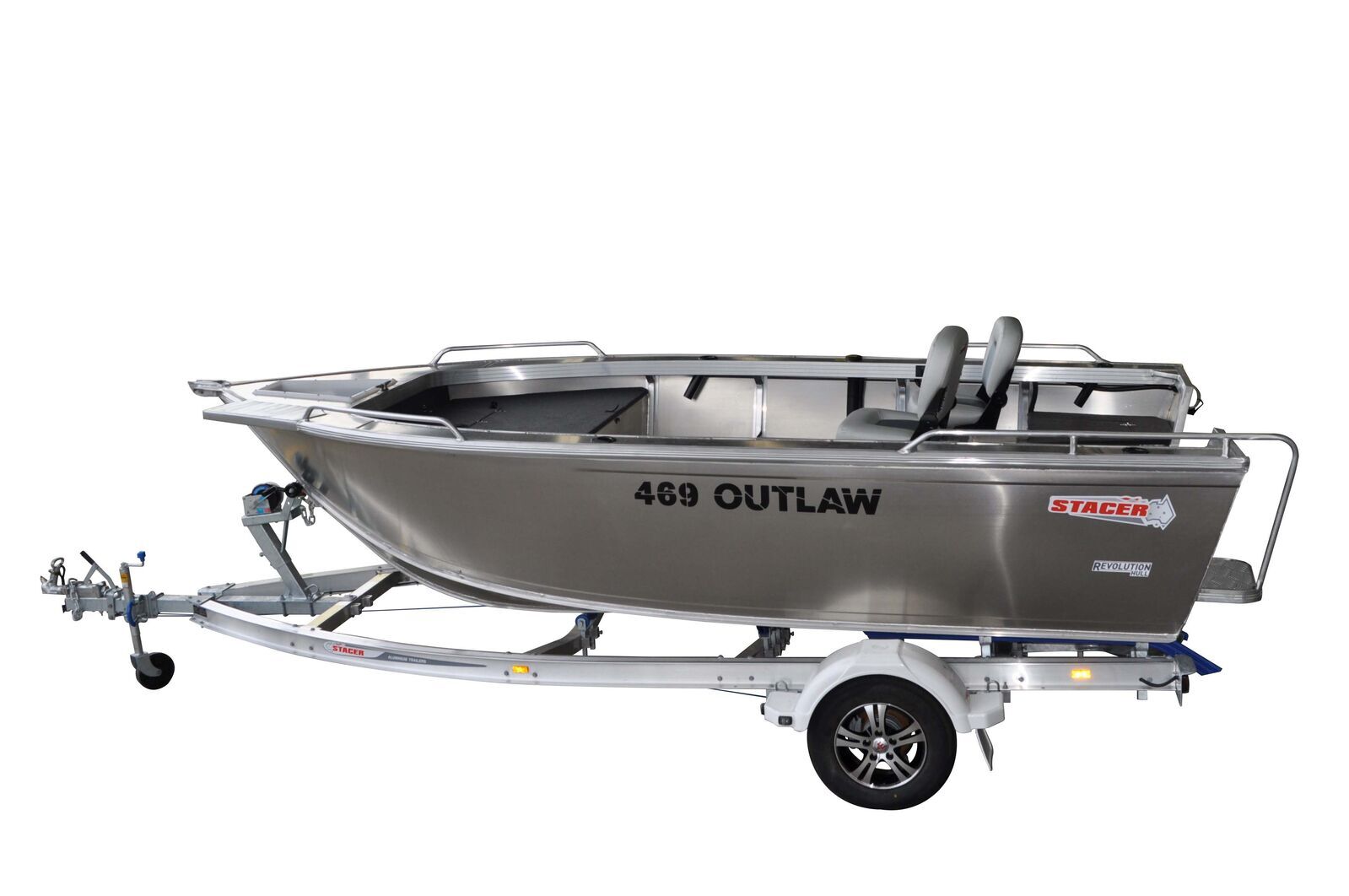 Stacer 469 Outlaw Tiller Steer L/S Boat + Move Trailers 1100 ATM Single Axle 13" Mech Braked Trailer