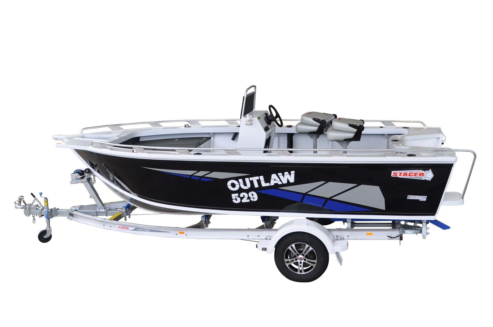 Stacer 529 Outlaw Side Console L/S Boat + Move Trailers 1400 ATM Single Axle 13" Mech Braked Trailer