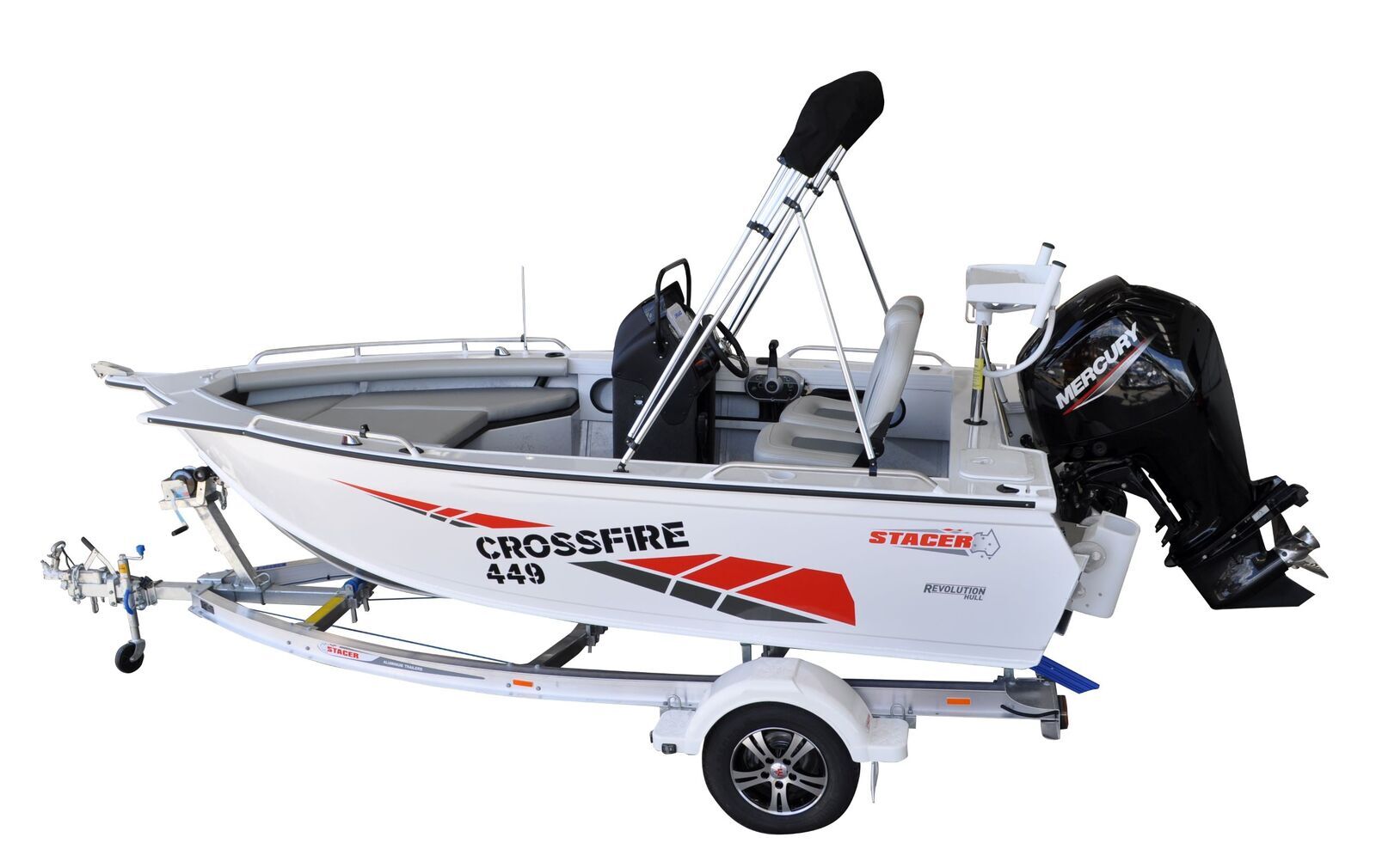 Stacer 449 Crossfire Side Console L/S Boat + Move Trailers 1100 ATM Single Axle 13" Mech Braked Trailer